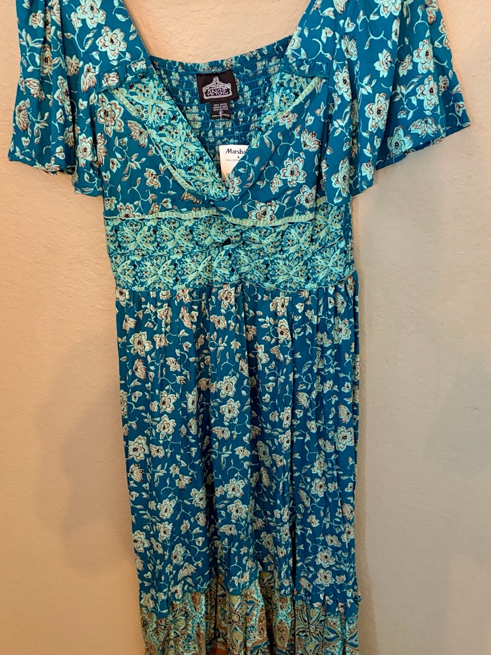 Angie Teal Floral Maxi Dress with Brown Hem
